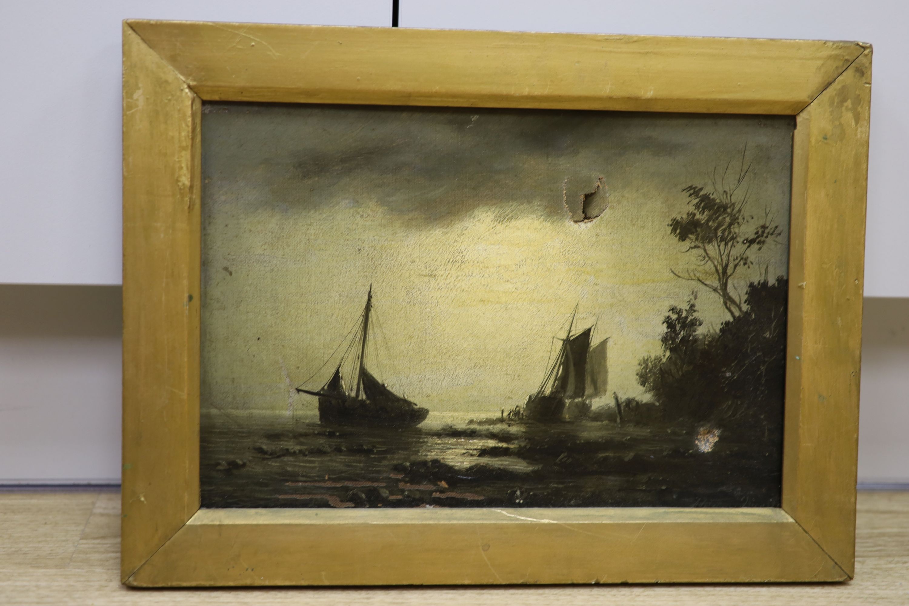 William Adophus Knell (1801-1875), oil on canvas, Moonlit coastal scene, signed, 22 x 32cm. (damaged)